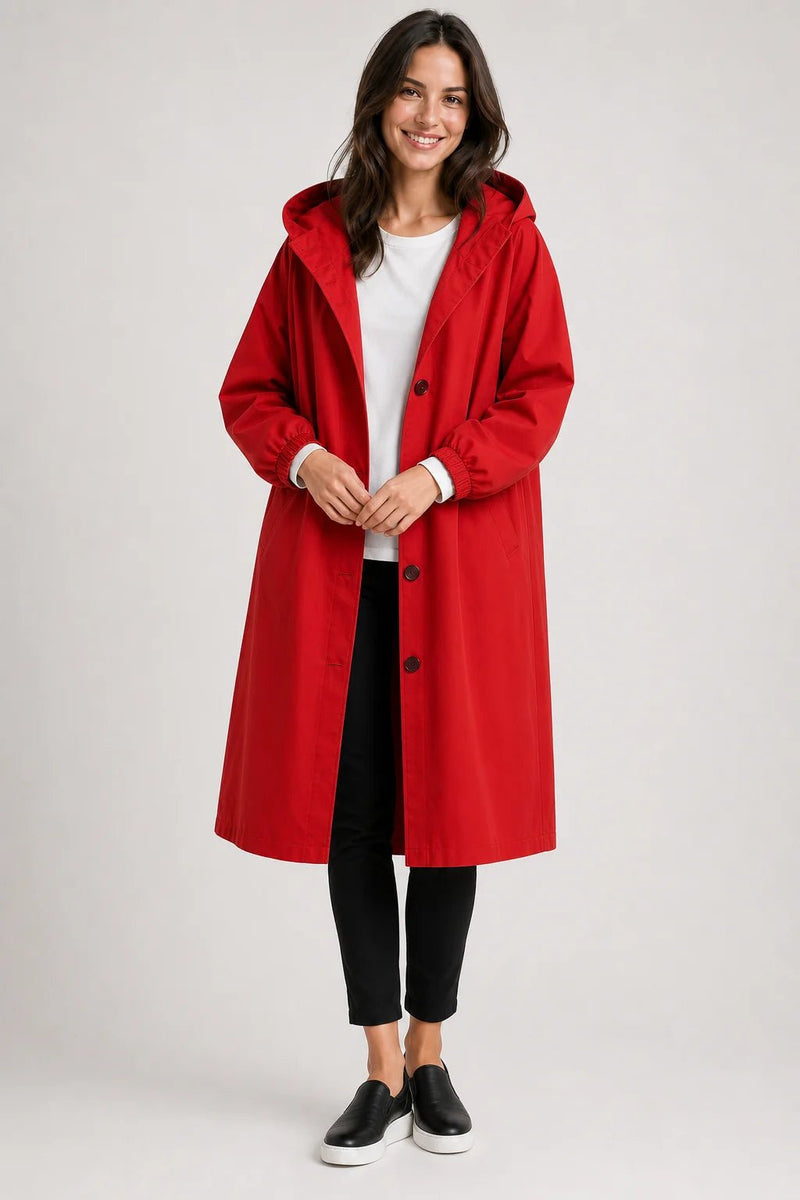 Sofaine Brooklyn long hooded windbreaker coat in bright red, worn front view