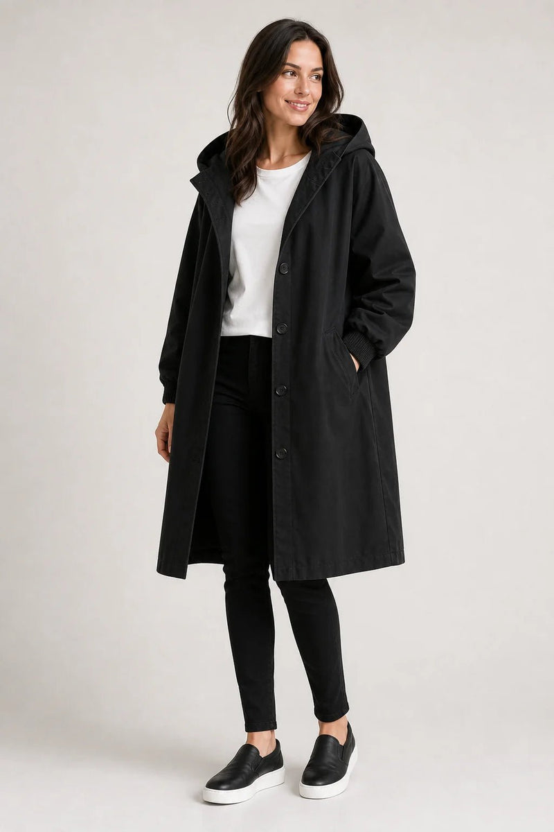 Sofaine Brooklyn long hooded windbreaker coat in black, worn front view