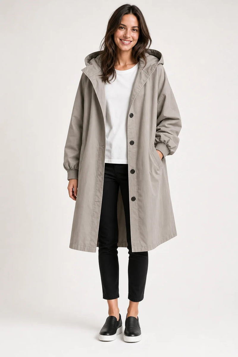 Sofaine Brooklyn long hooded windbreaker coat in taupe gray, worn front view