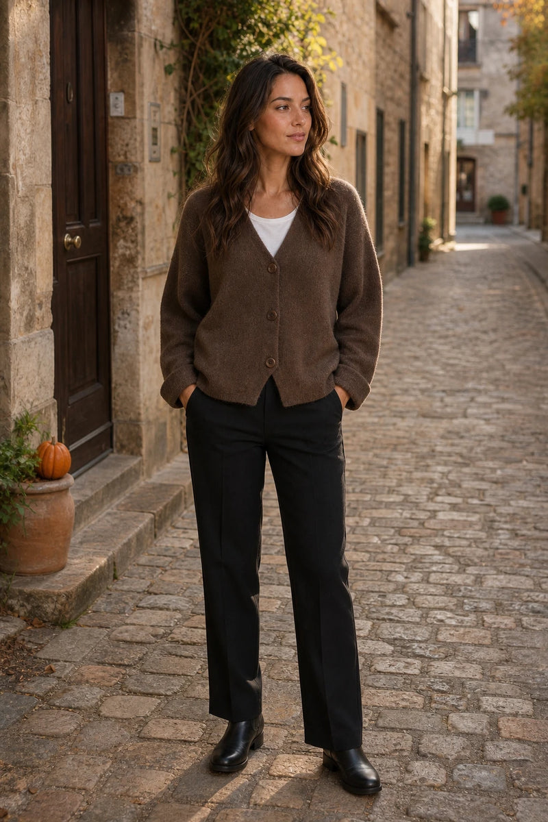 SOFAINE-V7-LIFE-Ramona | Button-Front Cardigan in Brown, street-style view