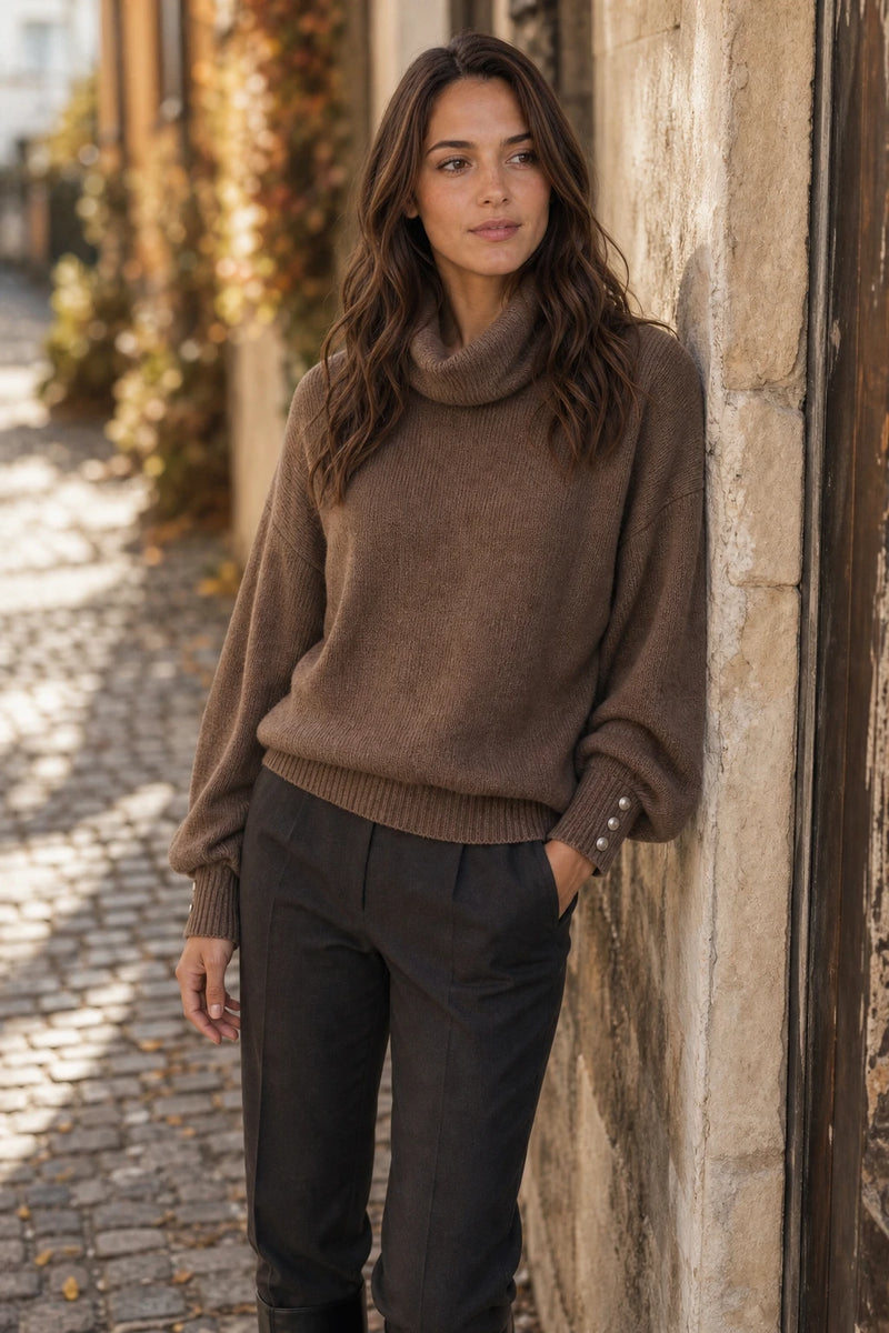SOFAINE-V7-LIFE-Ivory | Button-Cuff Turtleneck Sweater in Brown, street-style view
