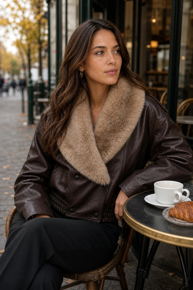 SOFAINE-V7-LIFE-Diana | Double-Breasted Faux Leather Jacket in Brown, café scene