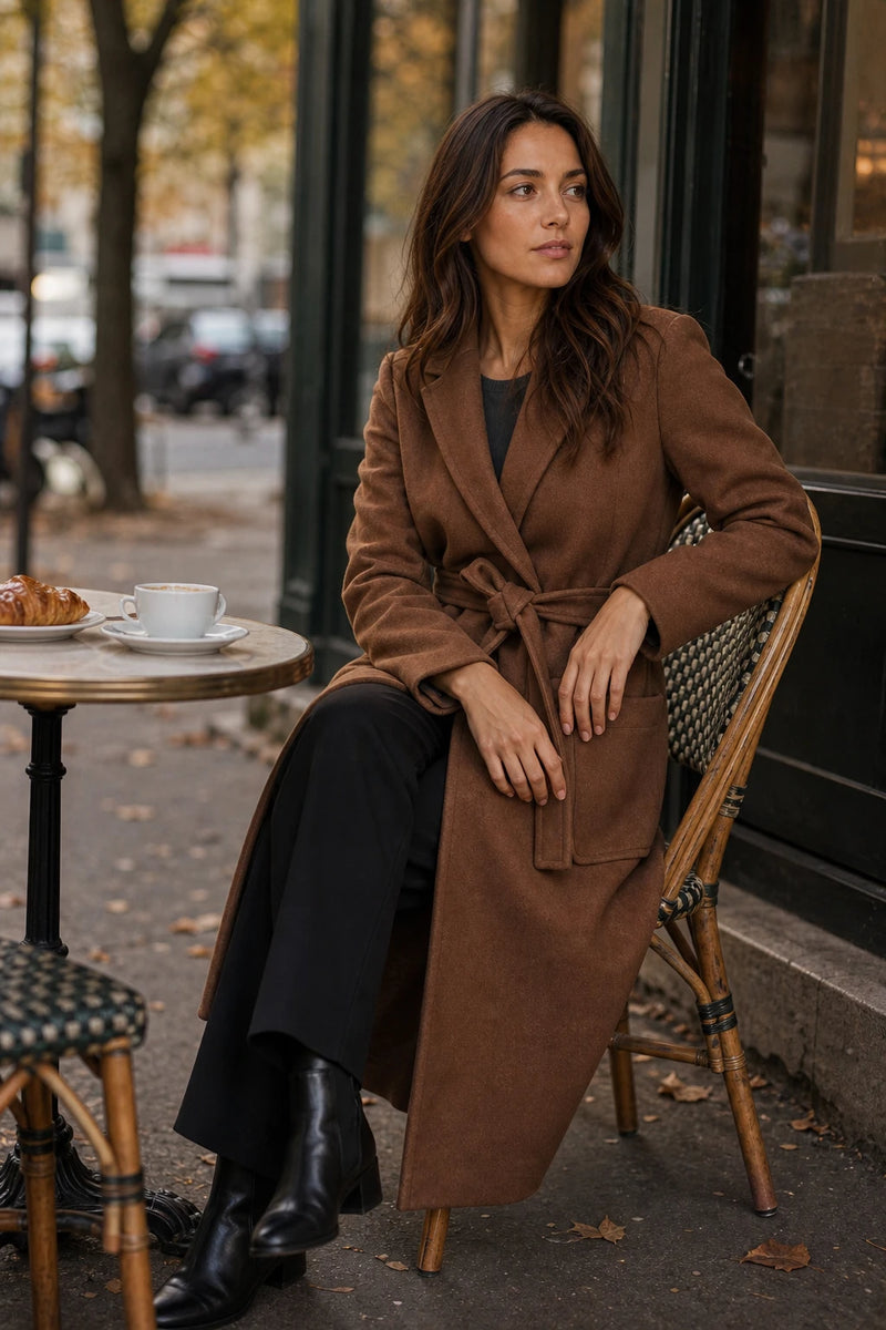 SOFAINE-V7-LIFE-Beatrix | Wool-Feel Trench Coat in Brown, café scene