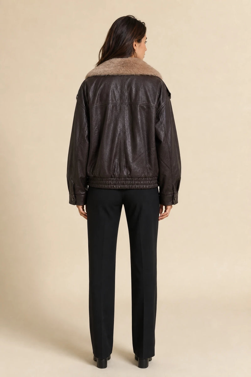 Diana | Double-Breasted Faux Leather Jacket in Brown, studio back view