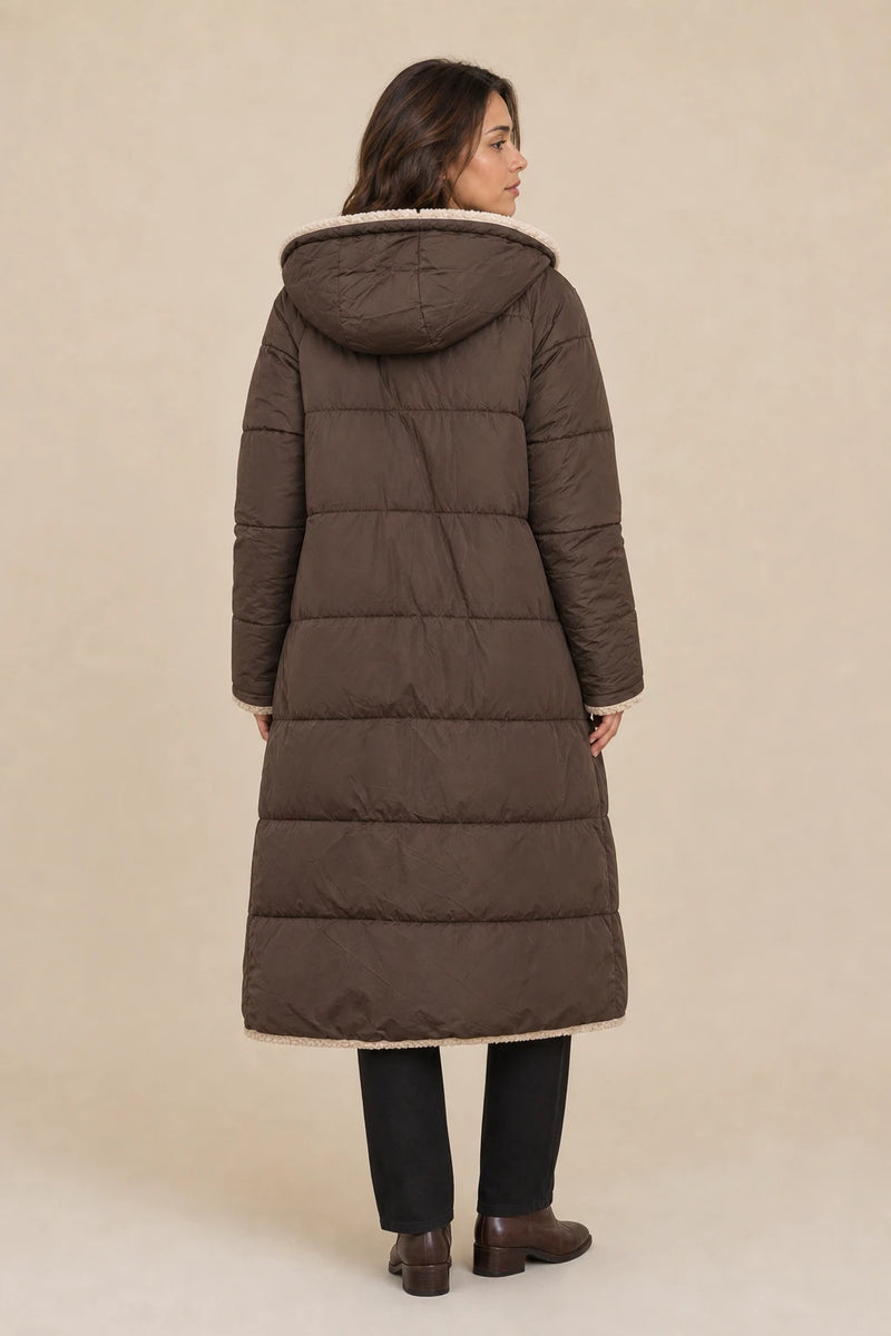 Celine | Hooded Puffer Coat in Brown, studio back view