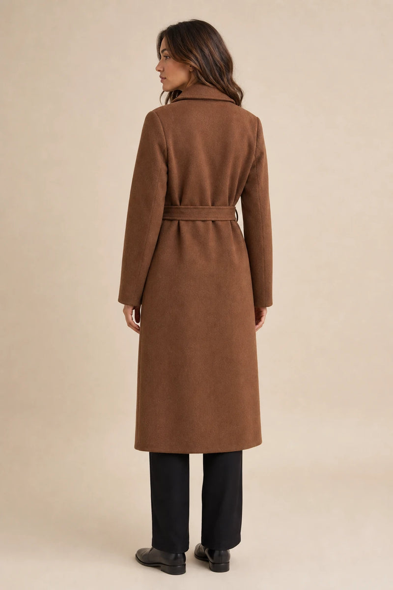 Beatrix | Wool-Feel Trench Coat in Brown, studio back view