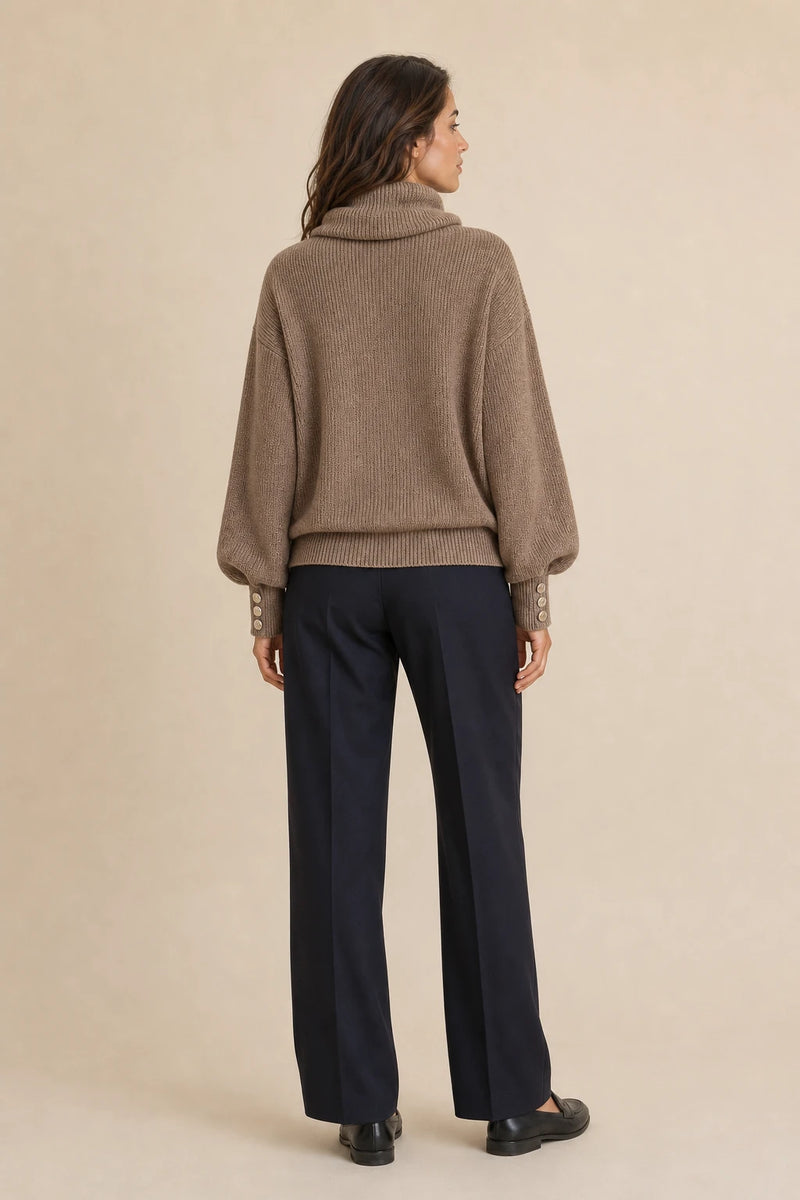 Ivory | Button-Cuff Turtleneck Sweater in Brown, studio back view