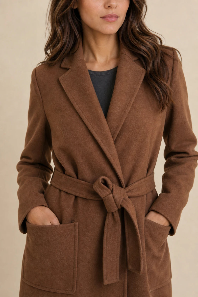 Beatrix | Wool-Feel Trench Coat in Brown, fabric close-up