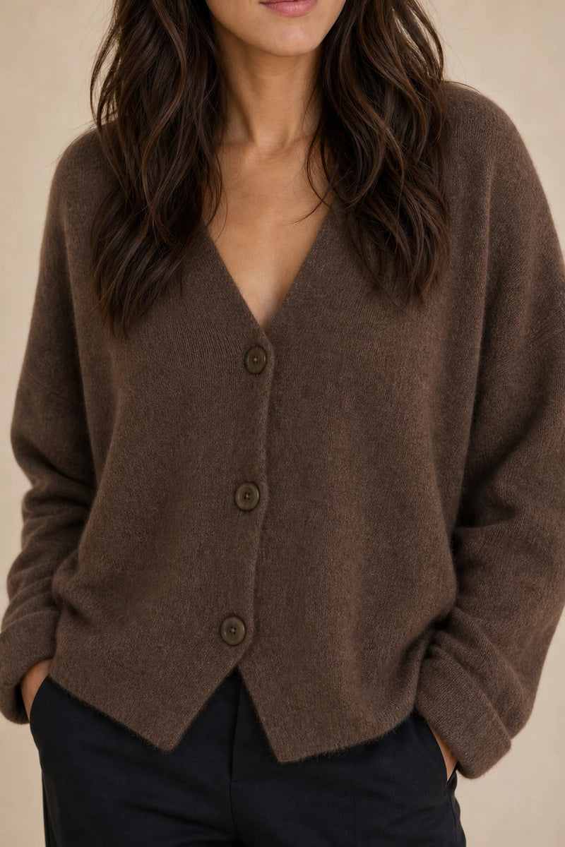 Ramona | Button-Front Cardigan in Brown, fabric close-up