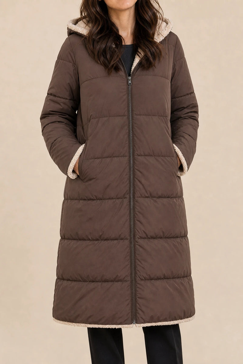 Celine | Hooded Puffer Coat in Brown, fabric close-up
