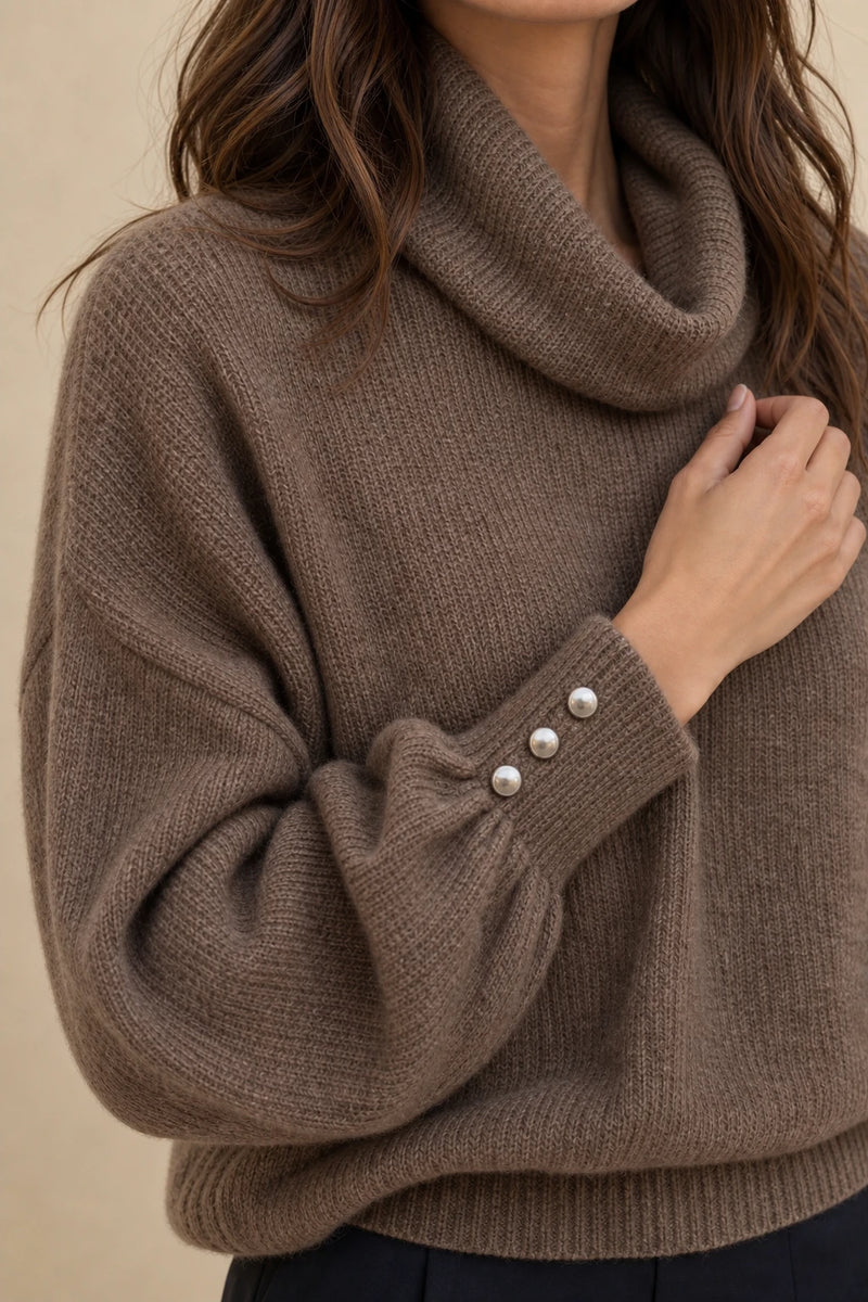 Ivory | Button-Cuff Turtleneck Sweater in Brown, fabric close-up