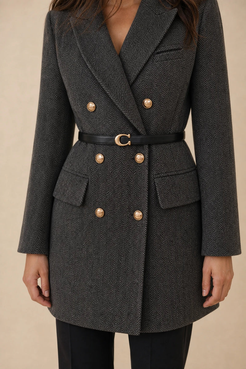 Hailey | Belted Tweed Blazer in Brown, fabric close-up