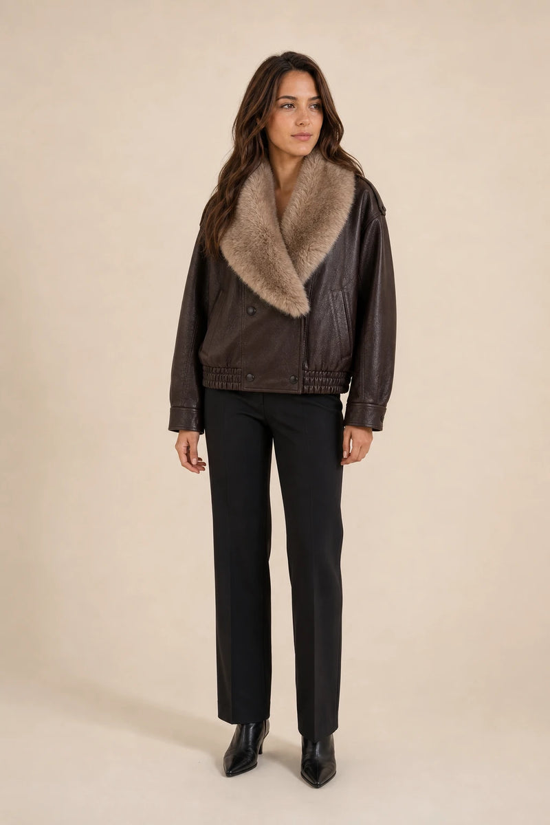 Diana | Double-Breasted Faux Leather Jacket in Brown, studio front view