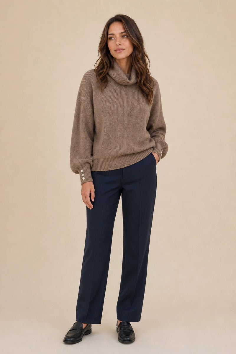 Ivory | Button-Cuff Turtleneck Sweater in Brown, studio front view