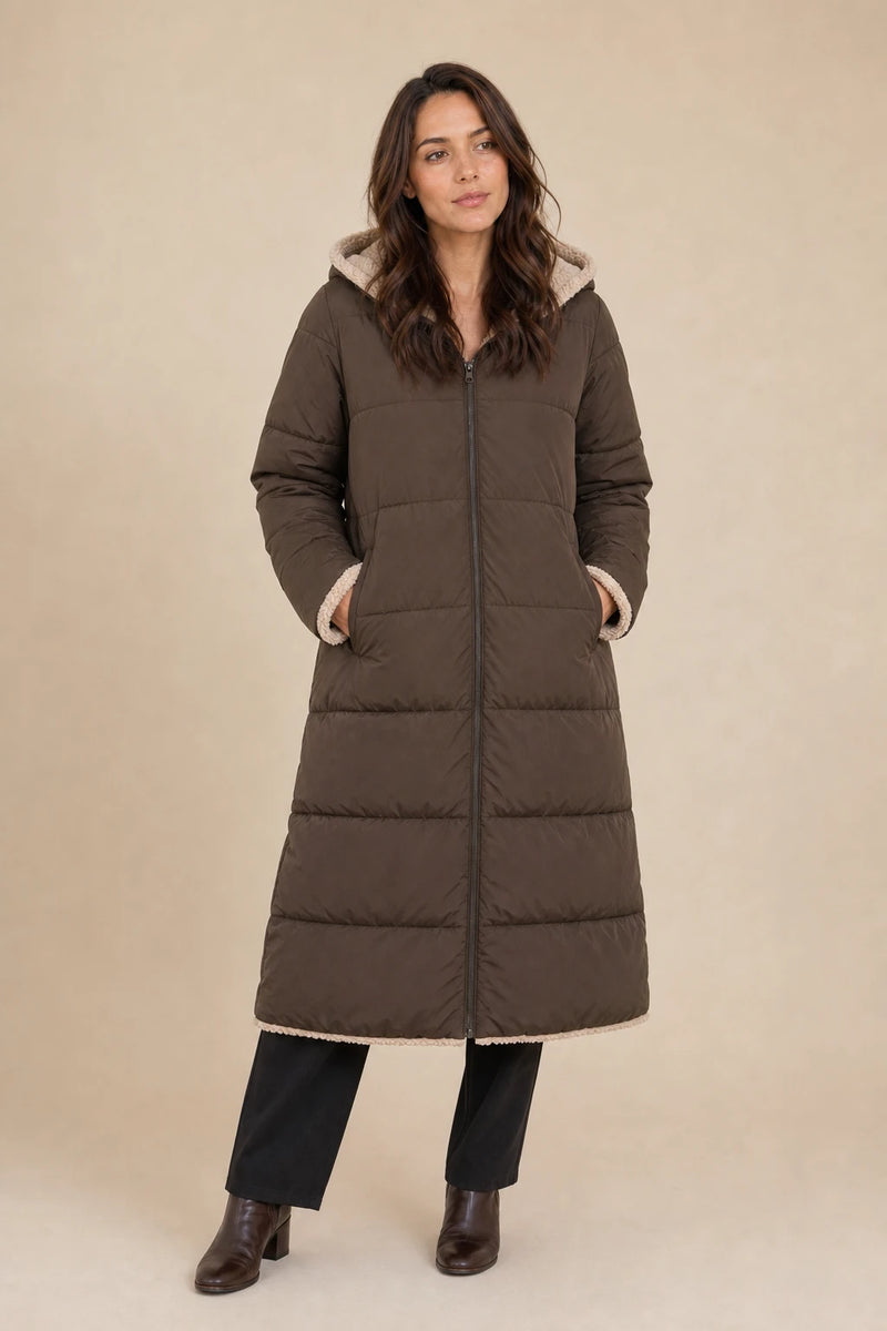 Celine | Hooded Puffer Coat in Brown, studio front view