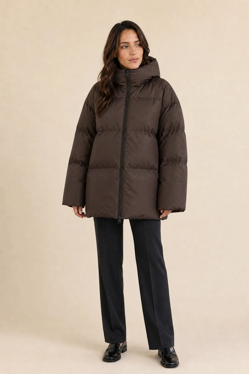 Tara | Oversized Puffer Jacket in Brown, studio front view