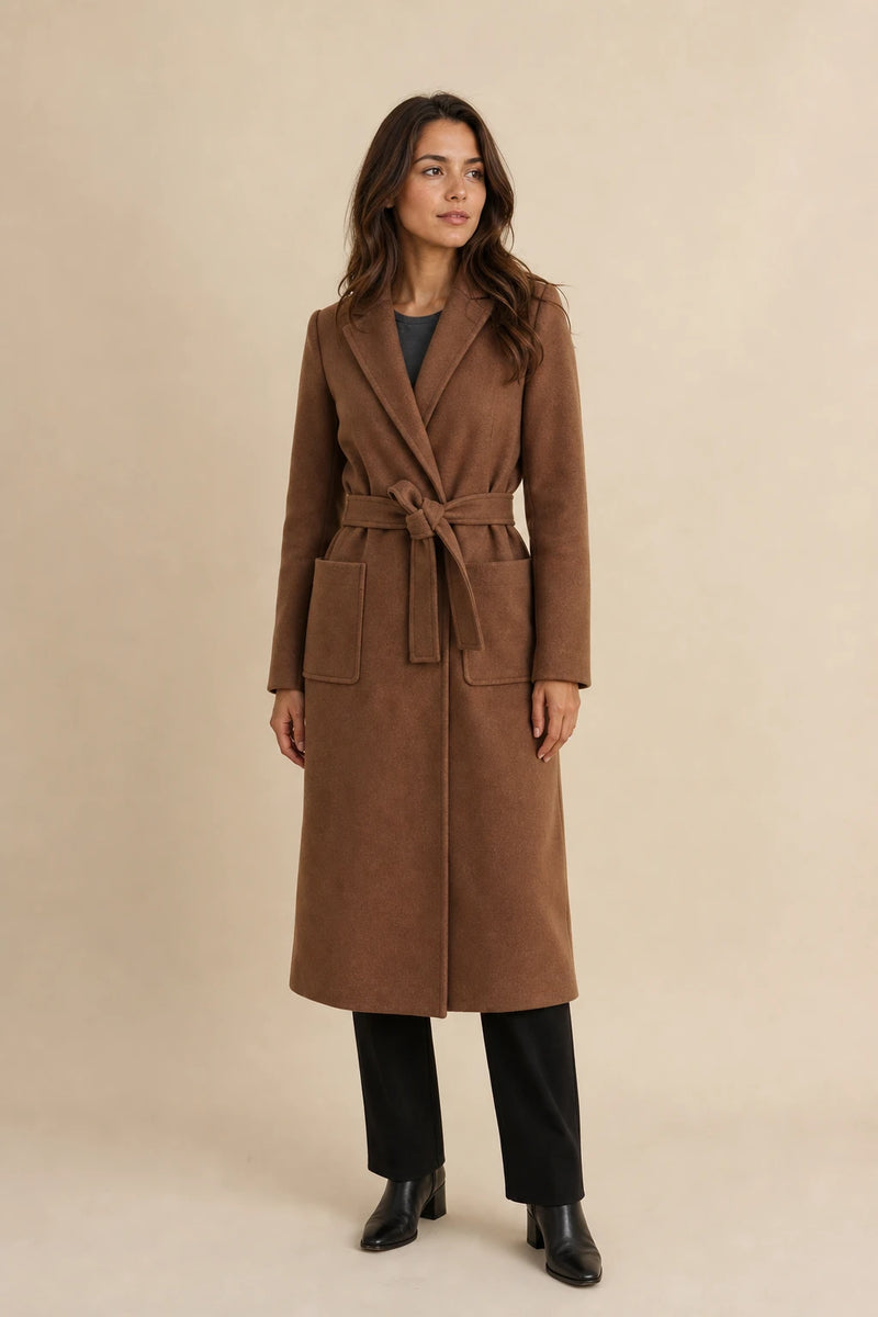 Beatrix | Wool-Feel Trench Coat in Brown, studio front view