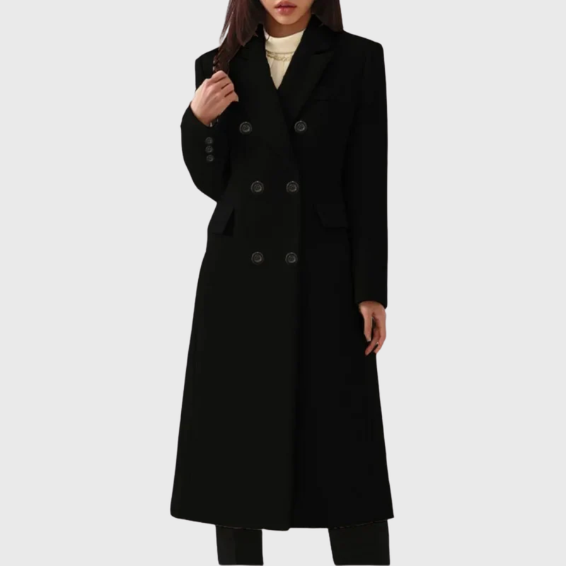 Long Double-Breasted Coat for Women with Notch Lapels and Flap Pockets in Black, front view