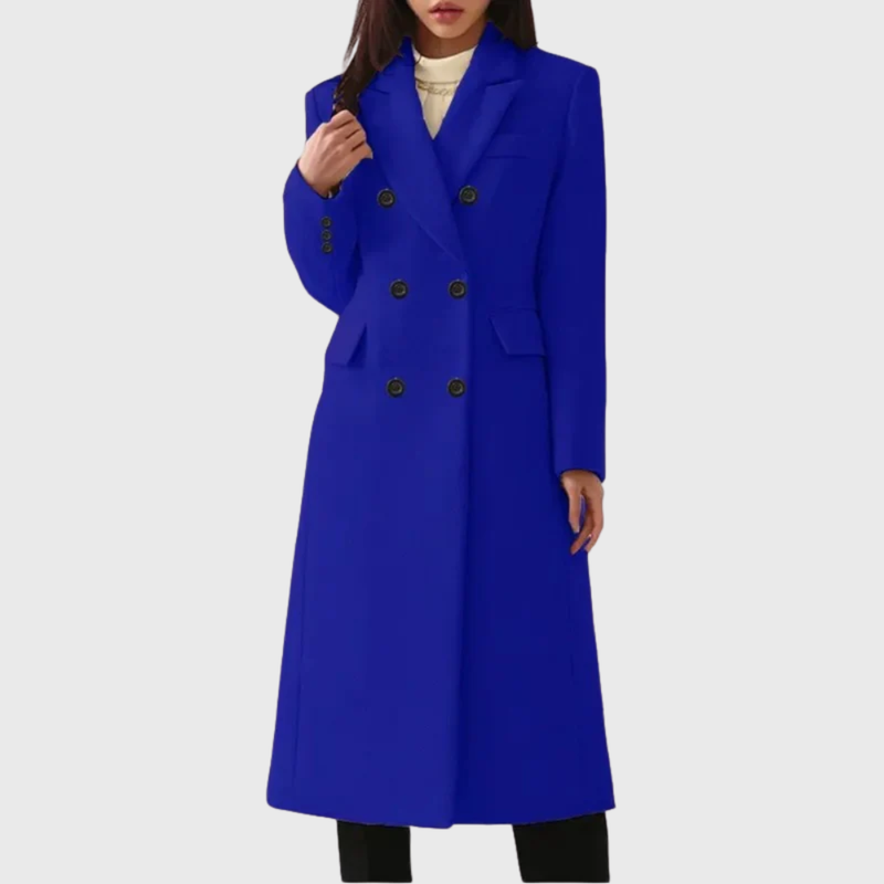 Long Double-Breasted Coat for Women with Notch Lapels and Flap Pockets in Blue, front view