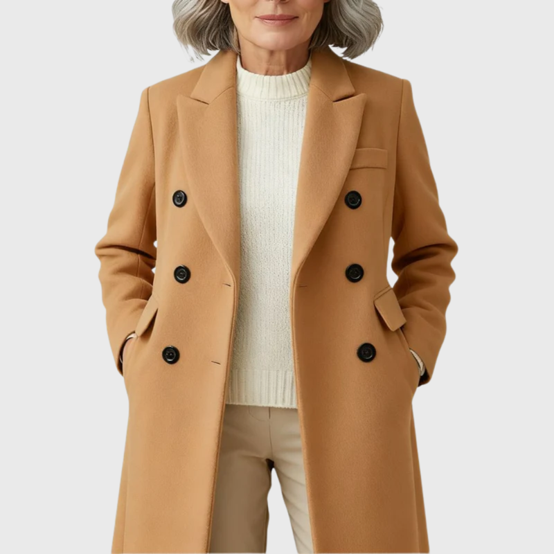 Long Double-Breasted Coat for Women with Notch Lapels and Flap Pockets in Camel, front close-up