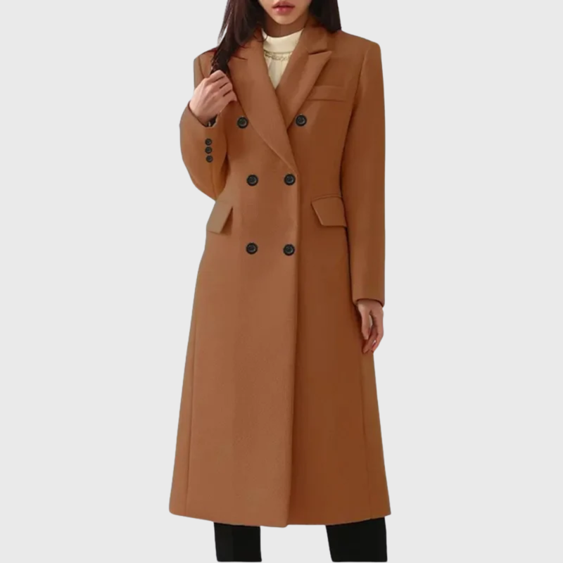 Long Double-Breasted Coat for Women with Notch Lapels and Flap Pockets in Dark Brown, front view