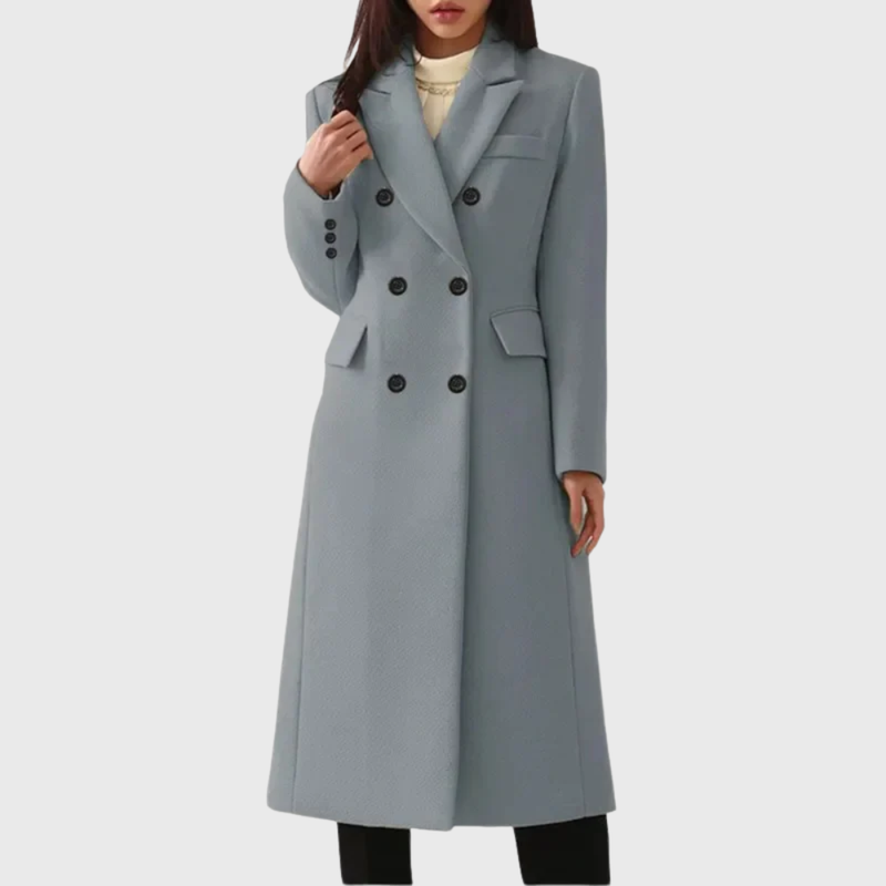 Long Double-Breasted Coat for Women with Notch Lapels and Flap Pockets in Gray, front view