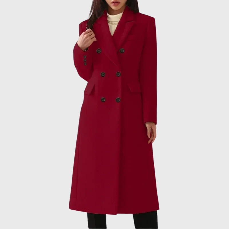 Long Double-Breasted Coat for Women with Notch Lapels and Flap Pockets in Red, front view