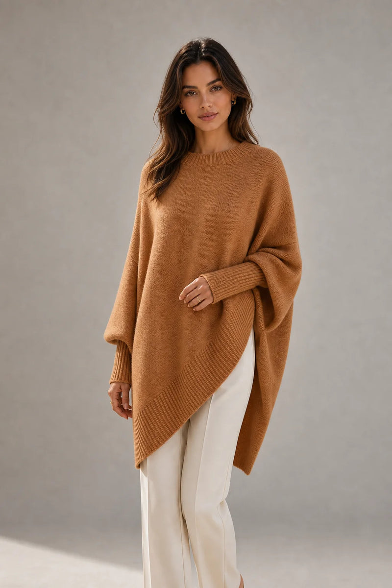 Sofaine Caroline women's oversized asymmetric poncho knit sweater in Dark Beige, worn front