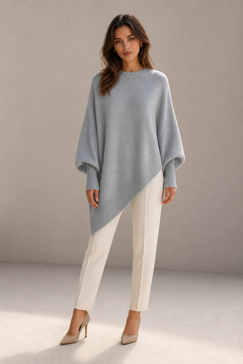 Sofaine Caroline women's oversized asymmetric poncho knit sweater in Gray, worn front