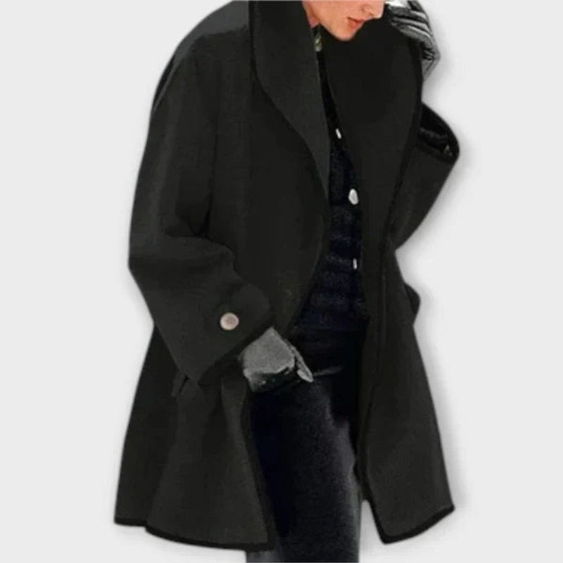 Oversized Swing Coat for Women with Contrast Trim and Wide Lapel Collar in Black, front view