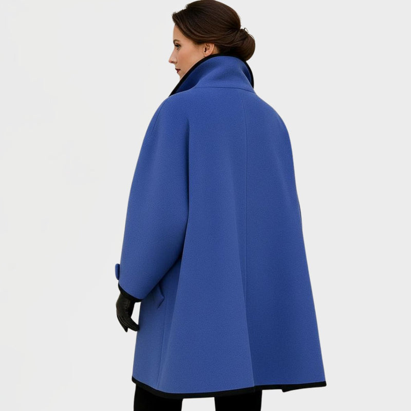 Oversized Swing Coat for Women with Contrast Trim and Wide Lapel Collar in Blue, back view