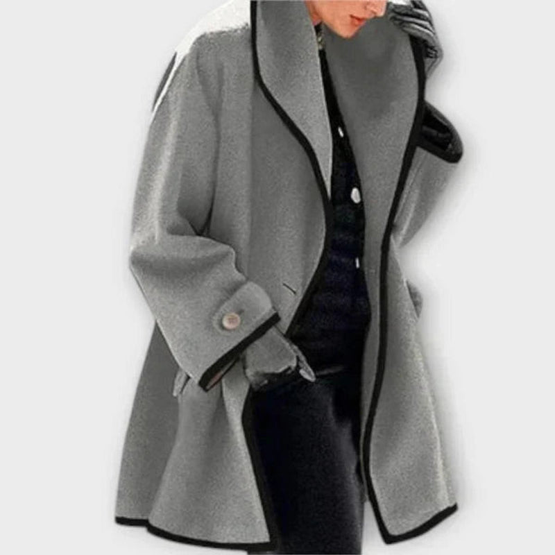 Oversized Swing Coat for Women with Contrast Trim and Wide Lapel Collar in Gray, front view