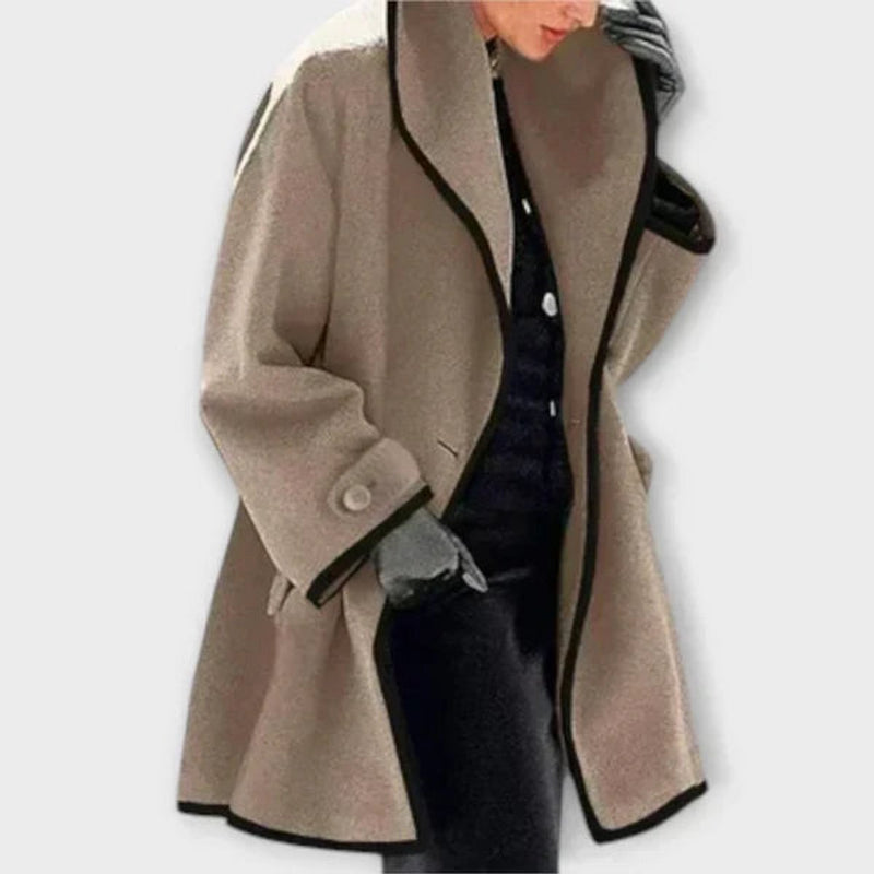 Oversized Swing Coat for Women with Contrast Trim and Wide Lapel Collar in Khaki, front view