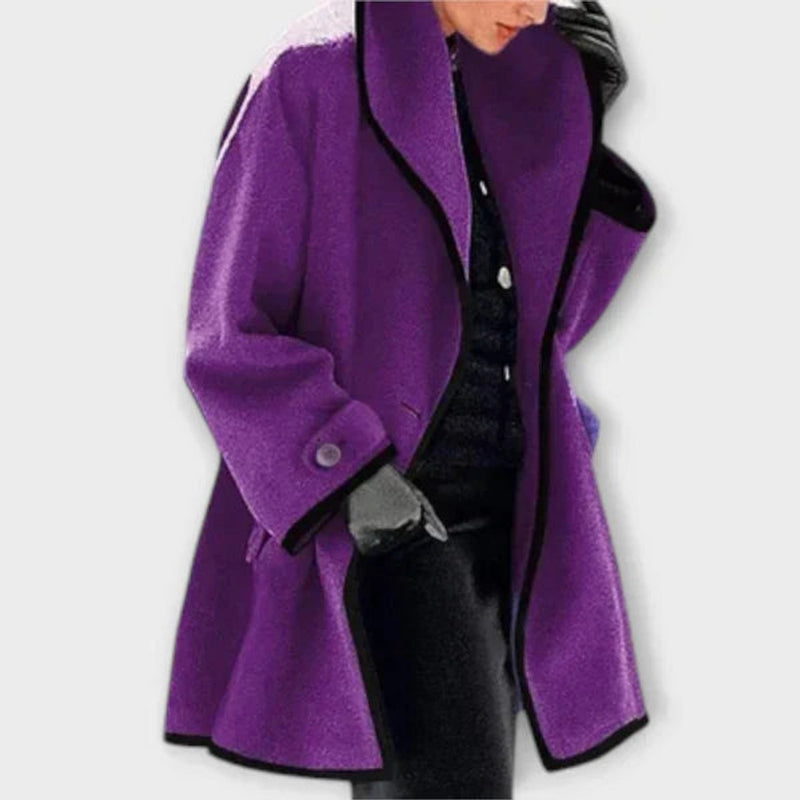 Oversized Swing Coat for Women with Contrast Trim and Wide Lapel Collar in Purple, front view