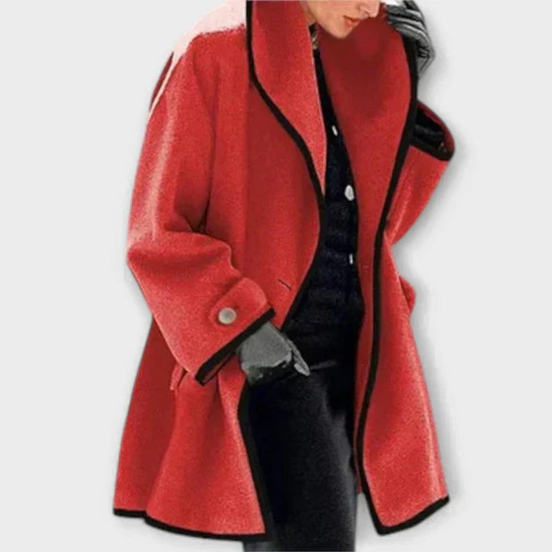 Oversized Swing Coat for Women with Contrast Trim and Wide Lapel Collar in Red, front view