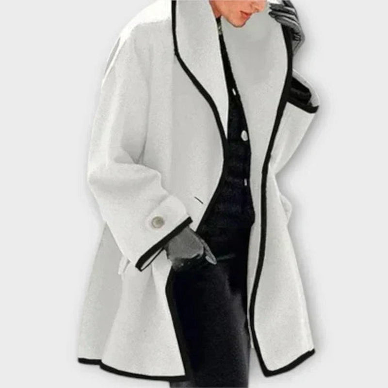 Oversized Swing Coat for Women with Contrast Trim and Wide Lapel Collar in White, front view