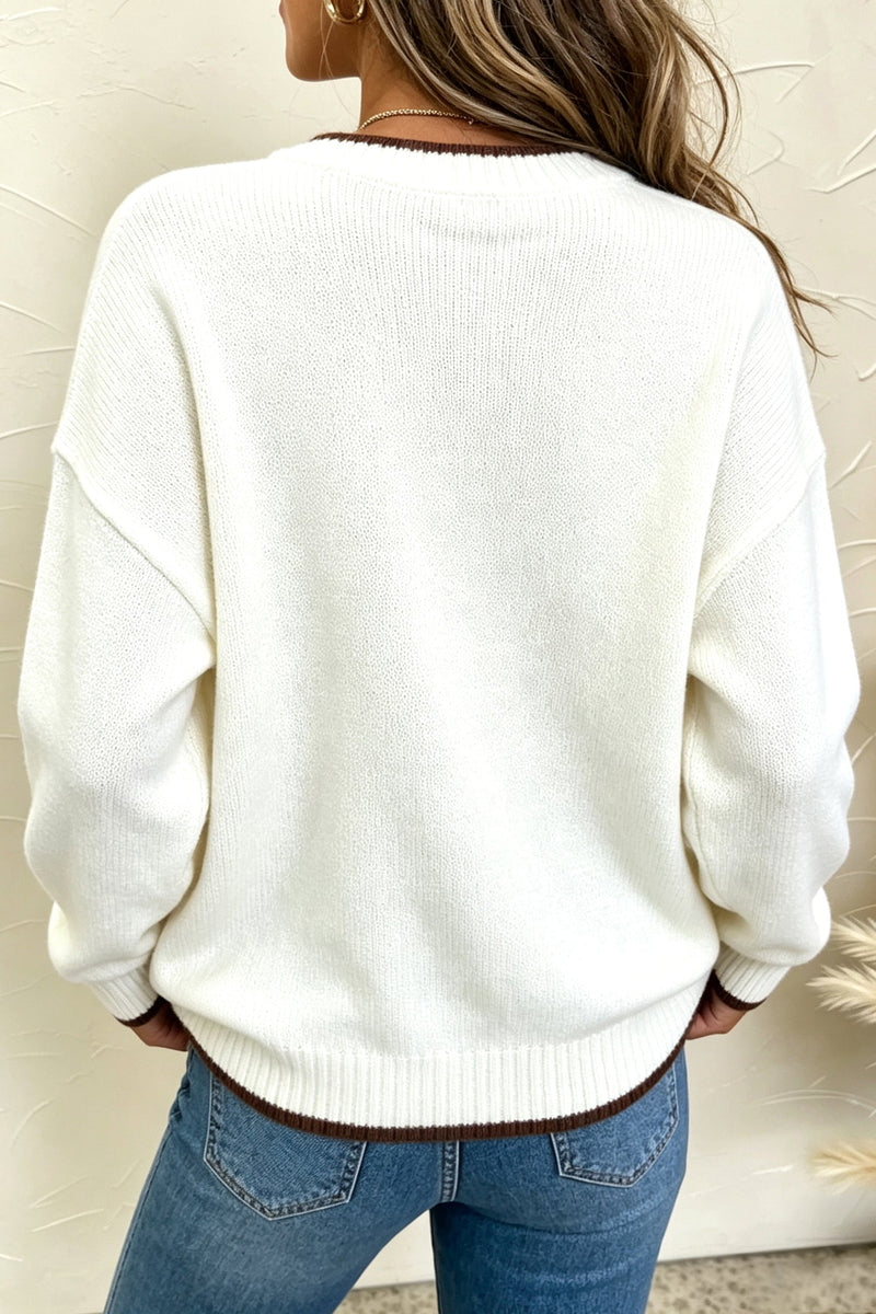 Pumpkin Knit Sweater for Women with Crew Neck and Contrast Trim in Cream, back view