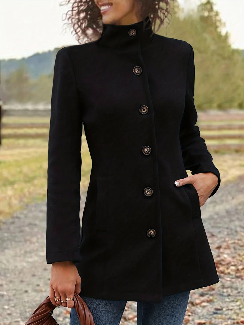 Fitted Stand Collar Coat for Women with Single-Breasted Button Front in Black, front view