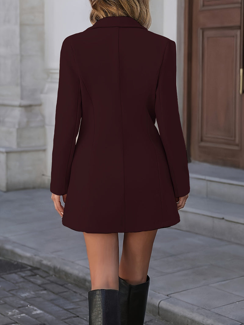 Fitted Stand Collar Coat for Women with Single-Breasted Button Front in Burgundy, back view
