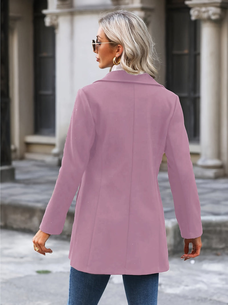 Fitted Stand Collar Coat for Women with Single-Breasted Button Front in Pink, back view