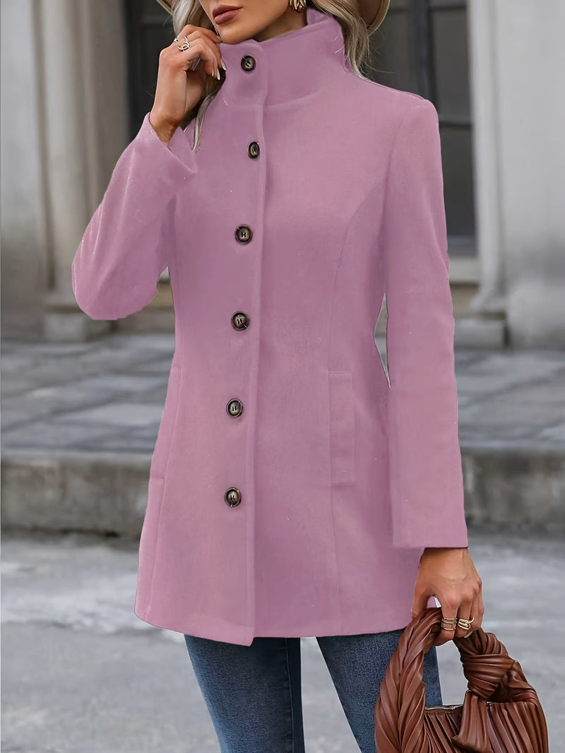 Fitted Stand Collar Coat for Women with Single-Breasted Button Front in Pink, front view collar up