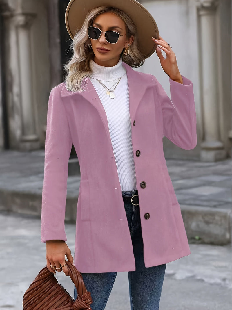 Fitted Stand Collar Coat for Women with Single-Breasted Button Front in Pink, open front view