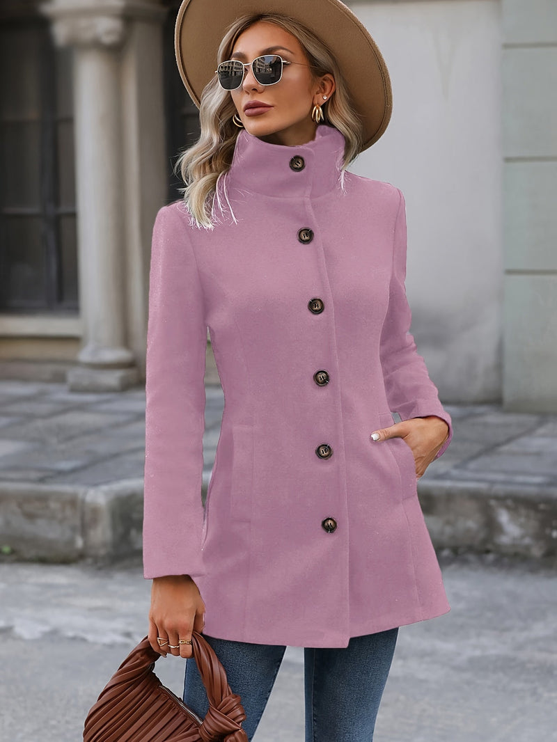 Fitted Stand Collar Coat for Women with Single-Breasted Button Front in Pink, styled view
