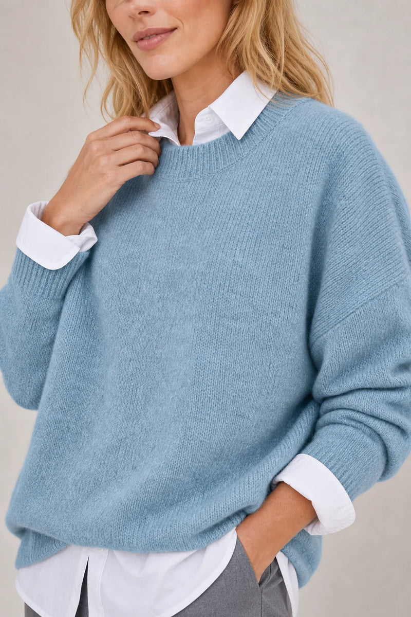 Sofaine Camila oversized crew-neck knit pullover in Blue, neckline and knit detail