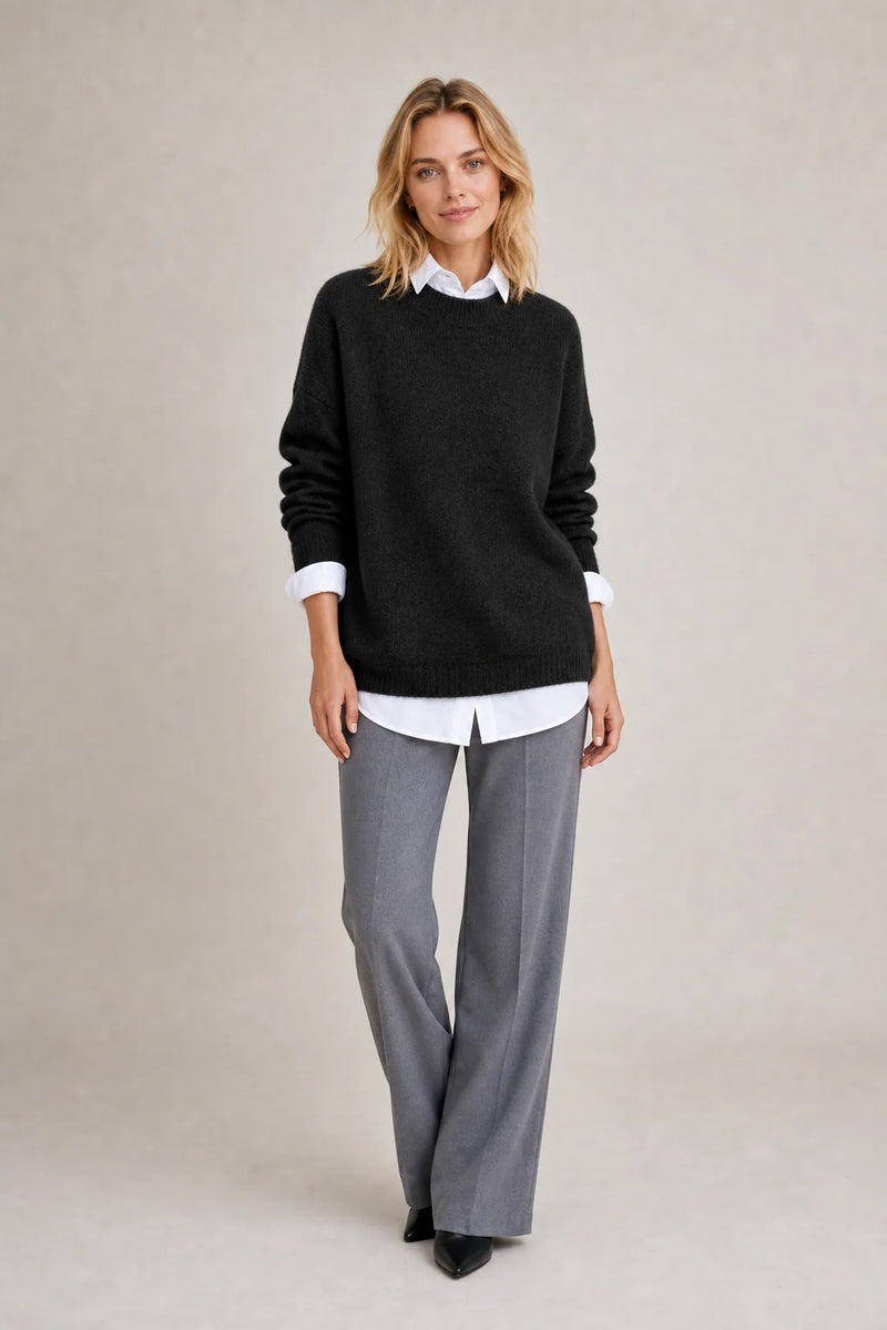 Sofaine Camila oversized crew-neck knit pullover in Black, worn front