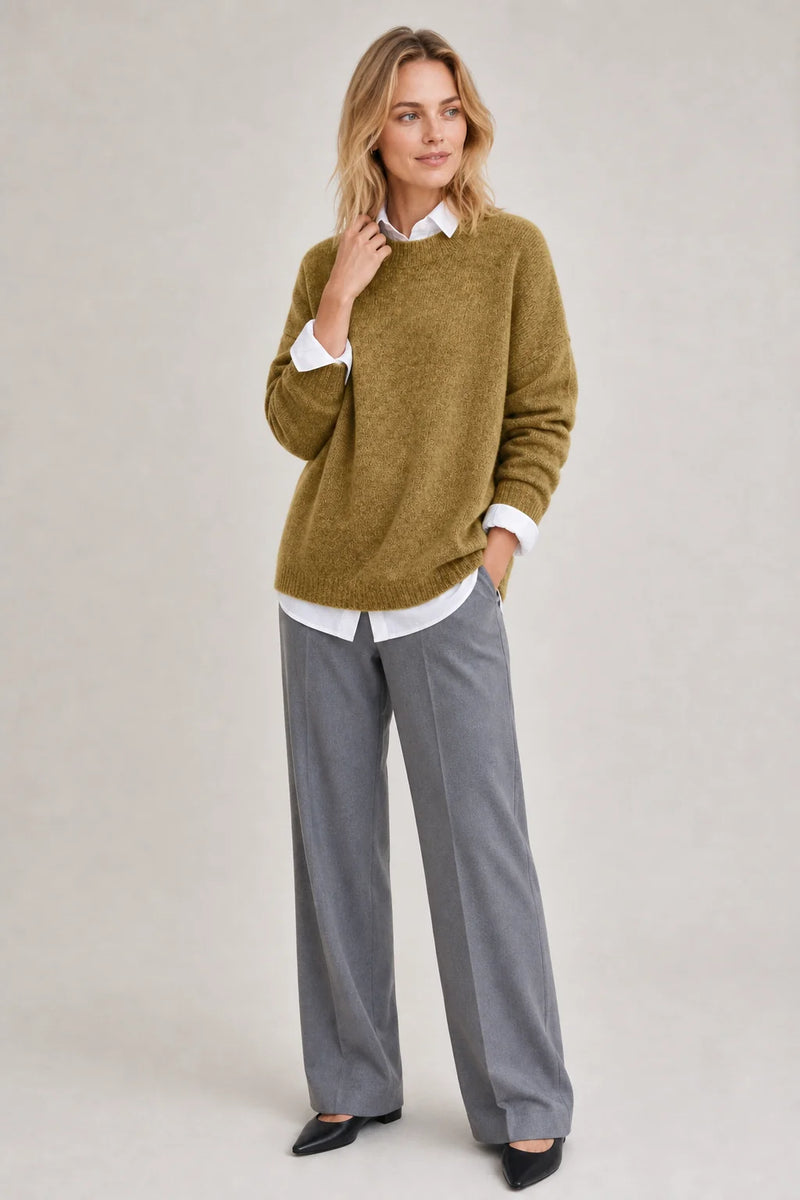 Sofaine Camila oversized crew-neck knit pullover in Khaki, worn front