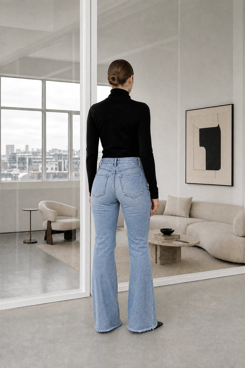 Camille | High-Waist Ripped Jeans in Blue, studio back view