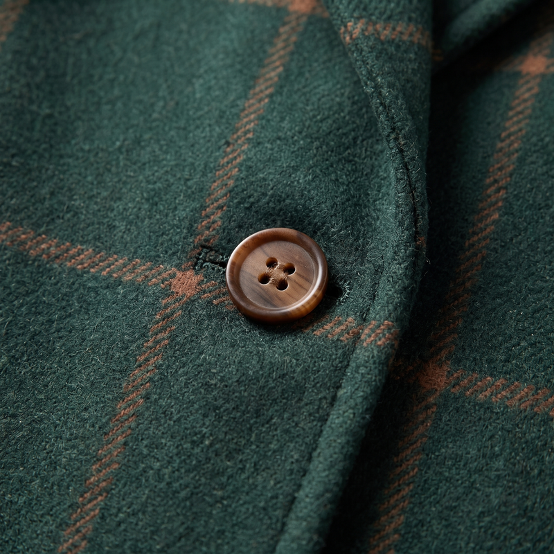 Windowpane Plaid Coat for Women with Notch Lapel and Two-Button Front in Green, button close-up