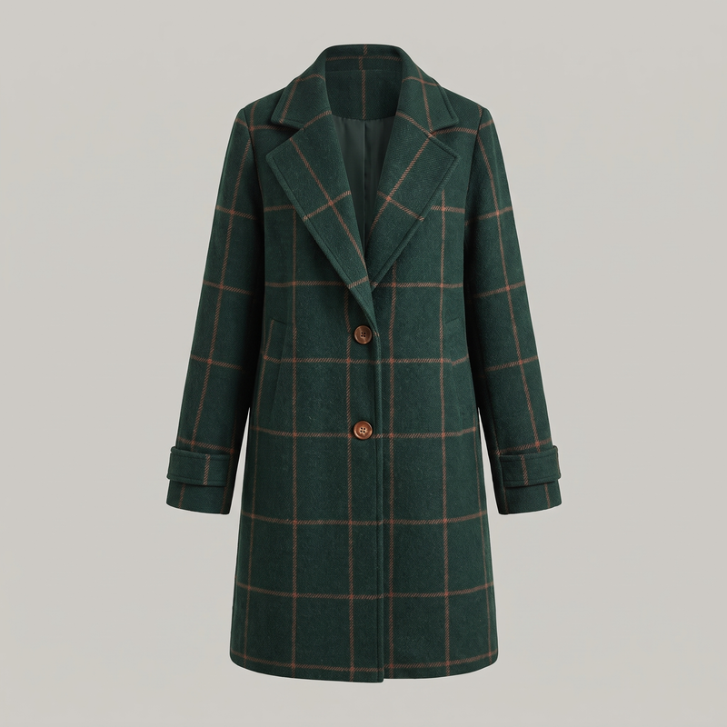 Windowpane Plaid Coat for Women with Notch Lapel and Two-Button Front in Green, ghost mannequin front view