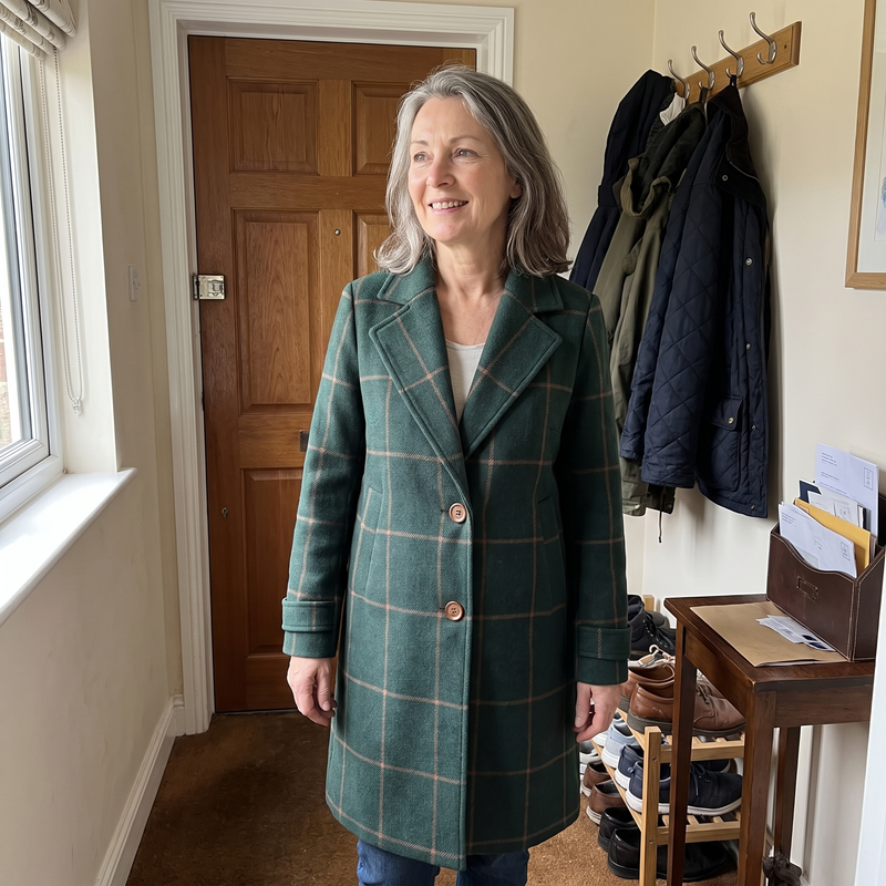 Windowpane Plaid Coat for Women with Notch Lapel and Two-Button Front in Green, styled view